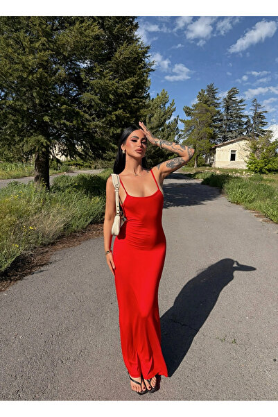 kırmızı butiks Red Strappy Viscose Maxi Dress