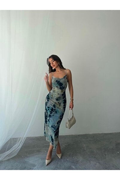 Butik Soft Batik Desenli Degaje Yaka Asansör Askılı Astarlı Tül Elbise