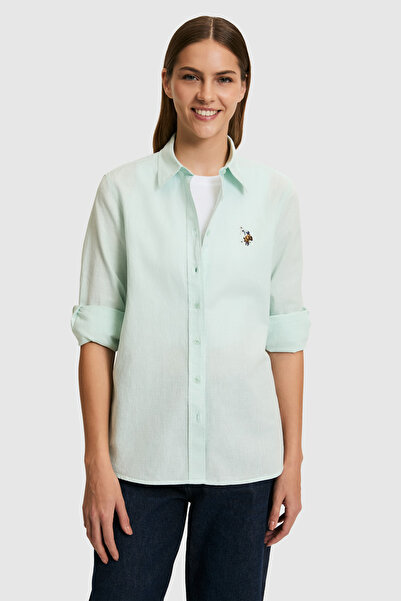 U.S. Polo Assn. قميص نسائي أساسي بأكمام طويلة باللون الأخضر المائي 50320204-V...