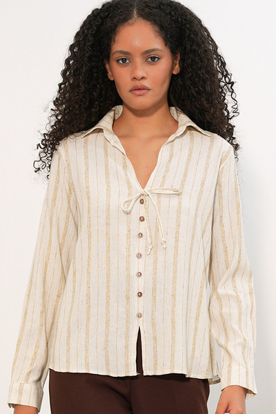 Bigdart Women's Lace-Up Striped Linen Shirt 995 - Ecru