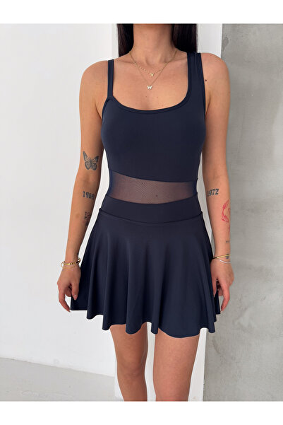 Ligossi Women's Navy Blue Strappy Tulle Detailed Skirted Shorts Swimsuit