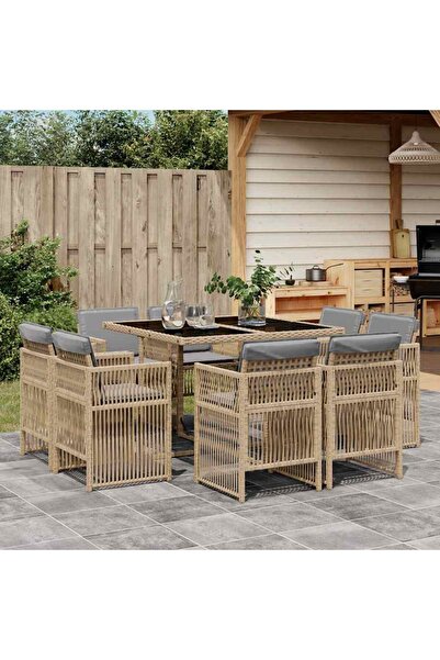 vidaxl 9-piece garden table set with cushions, beige, polyrattan