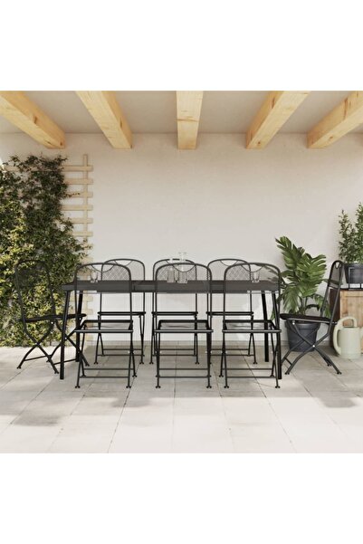 vidaxl Set de masa pentru gradina, 9 piese, plasa metalica antracit