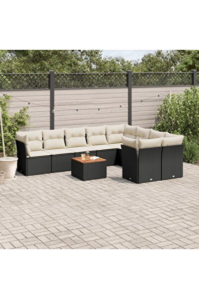 vidaxl Garden sofa set with cushions, 10 pieces, black, polyrattan