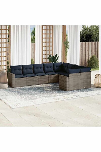 vidaxl Garden sofa set, 9 pieces, with cushions, grey, polyrattan