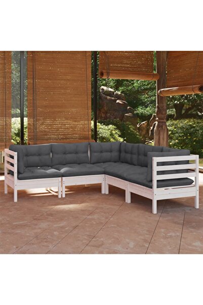 vidaxl Set mobilier de gradina cu perne, 5 piese, alb, lemn masiv pin