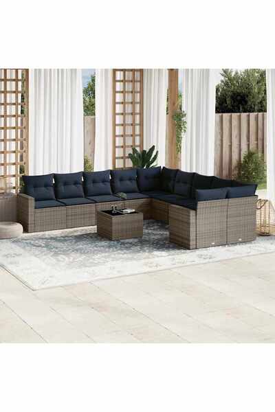 vidaxl Garden sofa set with cushions, 11 pieces, grey, polyrattan