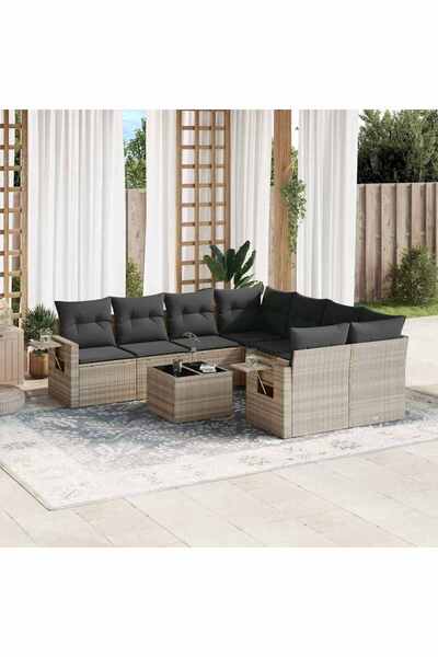 vidaxl Set canapele de gradina cu perne, 9 piese gri deschis poliratan