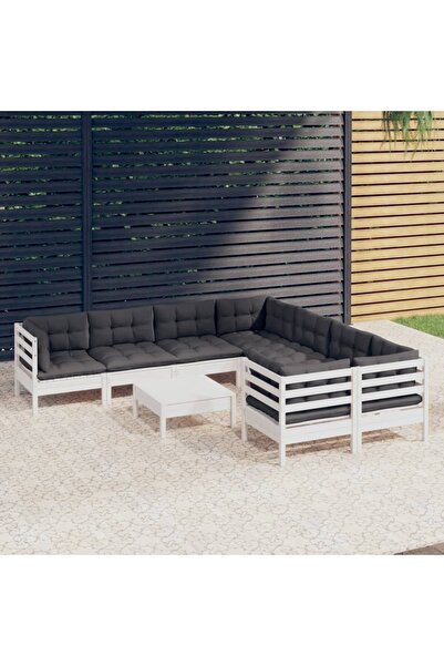 vidaxl Set mobilier de gradina cu perne, 9 piese, alb, lemn de pin