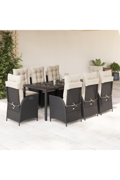 vidaxl Garden furniture set with cushions, 9 pieces, black, polyrattan