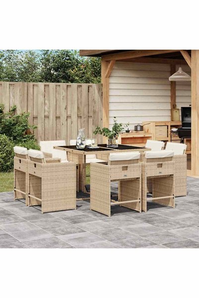 vidaxl Set de masa pentru gradina, 9 piese, cu perne, bej, poliratan