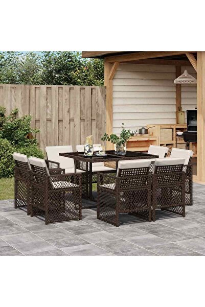 vidaxl Set mobilier de gradina cu perne, 9 piese, maro, poliratan