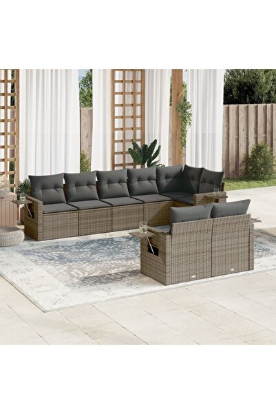 vidaxl Garden sofa set with cushions, 8 pieces, grey, polyrattan