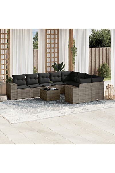 vidaxl Garden furniture set with cushions, 10 pieces, grey, polyrattan