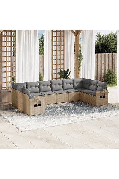 vidaxl Garden sofa set with cushions, 10 pieces, beige, polyrattan
