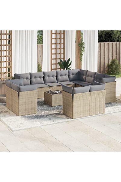 vidaxl Garden sofa set, 13 pieces, with cushions, beige, polyrattan