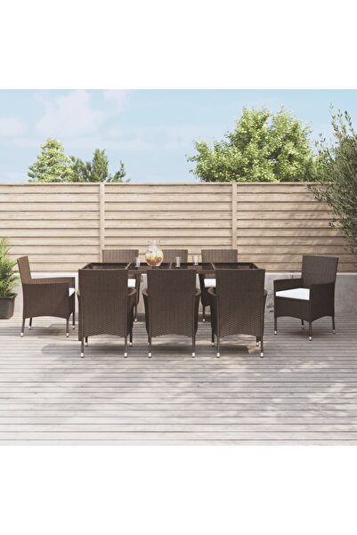 vidaxl Set mobilier de gradina cu perne, 9 piese, maro, poliratan