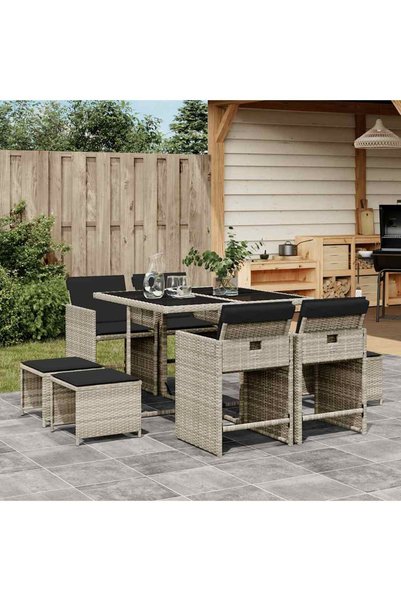vidaxl Set mobilier gradina cu perne, 9 piese, gri deschis, poliratan