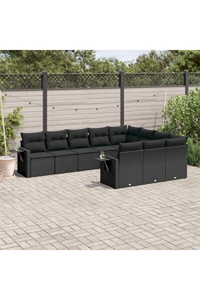 vidaxl Garden sofa set with cushions, 10 pieces, black, polyrattan