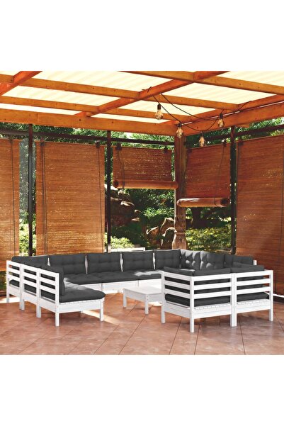 vidaxl Set mobilier gradina cu perne, 12 piese, alb, lemn masiv pin