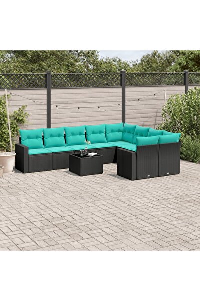 vidaxl Garden sofa set with cushions, 10 pieces, black, polyrattan