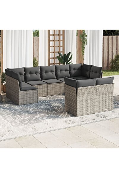 vidaxl Garden sofa set, 9 pieces, with cushions, grey, polyrattan
