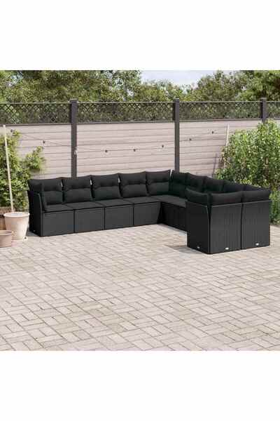 vidaxl Garden sofa set with cushions, 10 pieces, black, polyrattan