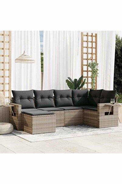 vidaxl Garden sofa set with cushions, 6 pieces, light grey, polyrattan