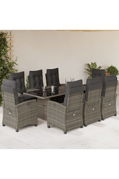 vidaxl Garden furniture set with cushions, 9 pieces, grey, polyrattan