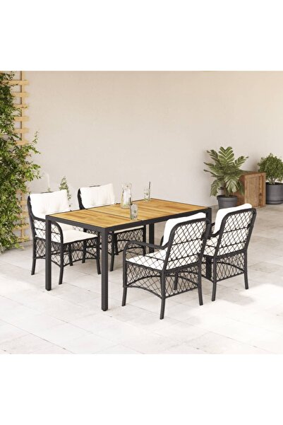 vidaxl Garden furniture set with cushions, 5 pieces, black, polyrattan