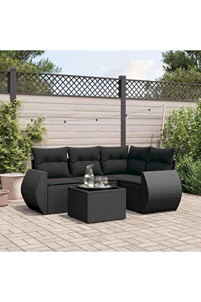 vidaxl Garden furniture set with cushions, 5 pieces, black, polyrattan