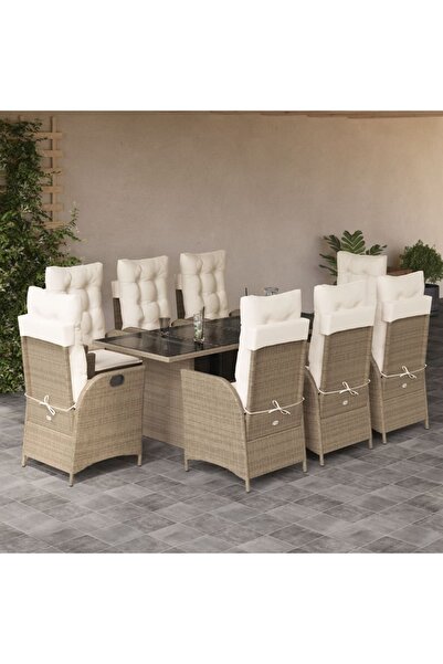 vidaxl 9-piece garden table set with cushions, beige, polyrattan