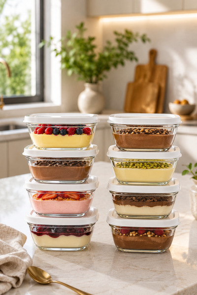 ZURİ DESİGN 8-Piece Square Glass Pudding Bowl with Lid, Storage Container, Wh...