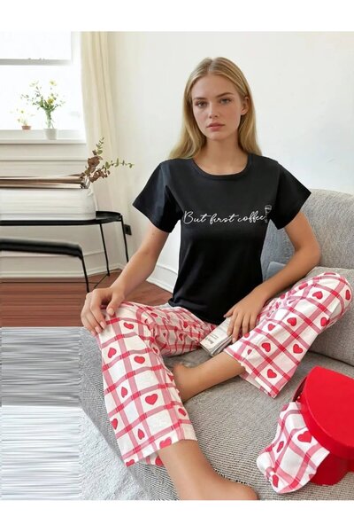 Cool & Sexy But First Coffee Written Black T-Shirt Heart Pattern Short Sleeve...