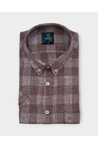 KAMER Men's Regular Fit 100% Cotton Short Sleeve Button-Up Collar Plaid Burgu...