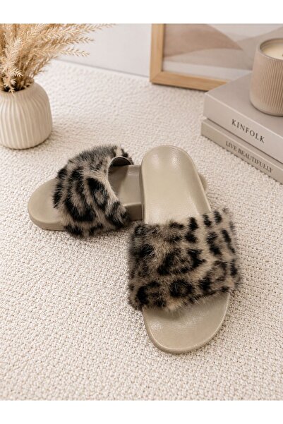 luvo shoes Kadın Kürklü Terlik Leopar/Bej Renk Taban Ortopedik Günlük Terlik