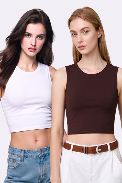 Pearlune Women's 2-Piece Crew Neck Sleeveless Cotton Stretchy Basic Crop Top ...