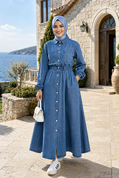 Hb Harma Time Butik Kadın Belden Lastikli Cep Detaylı Koyu Denim Koyu Kot Mav...