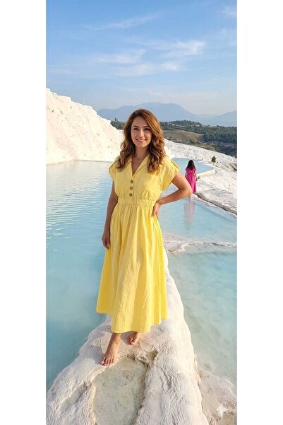 red sable POPLİN ELBİSE BELİ LASTİKLİ VE CEPLİ