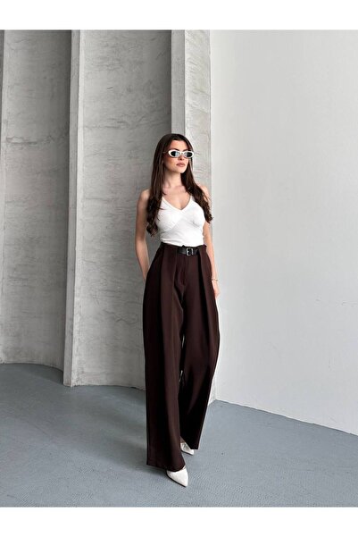 ESİLLA GİYİM Kadın Acı Kahve Pilili Yüksek Bel Wide Leg Pantolon
