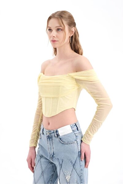 tw3 Women's Underwire Long Sleeve Off-Shoulder Tulle Detailed Design Corset