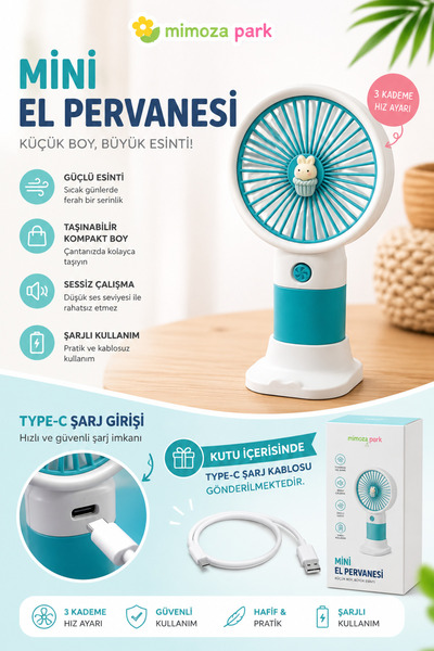 MİMOZA PARK Şarjlı 3 Kademeli Mini Taşınabilir El Fanı - Sessiz USB Masaüstü ...