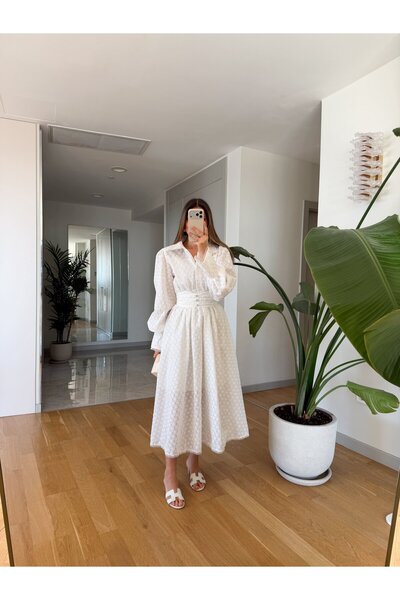 MERVE AKSOY Dantel Motifli Brode Elbise - Beyaz