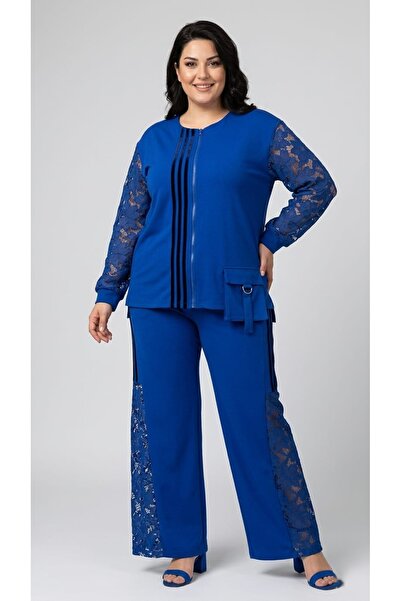 MAXLEVEL MODA Güpür Detailled Striped Plus Size Women's Two-Piece Suit
