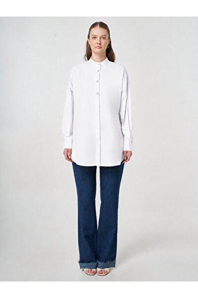 Kayra Women's Punto Stitched Cotton High Collar Embroidered Buttoned Tunic
