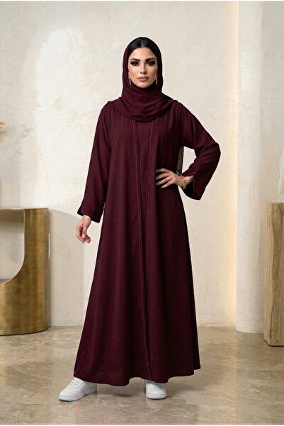 MyesuQ Burgundy Abaya in Premium Blackberry Fabric with Quiet, Modern Embroid...