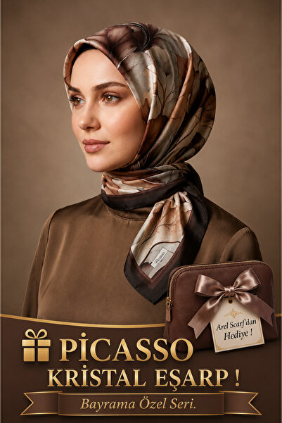 Picasso İpek Görünümlü Kahverengi Kristal Eşarp – Twill Şık Tasarım 90x90