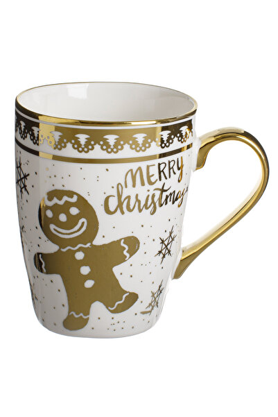 Zumzeria White Christmas Ceramic Mug with Golden Gingerbread Man Designs 350ml