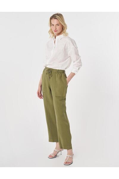 Kayra 100% Linen Patchwork Stitched Trousers Khaki