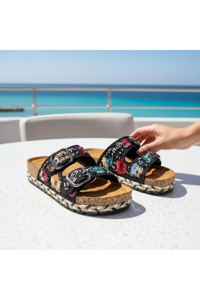 Guja 26Y217-7 Women's Double Band Canvas Premium Slippers with Stone and Jute...